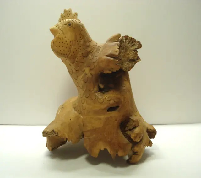 Vintage Bali Chinaberry Mushroom Parasite Wood Carved Rooster Folk Art Chicken