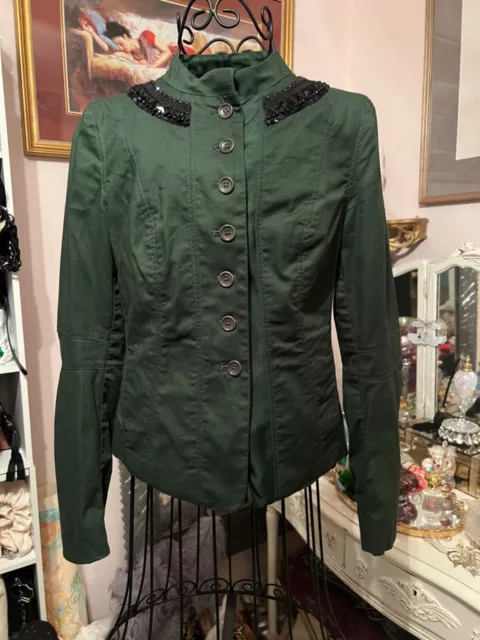 DKNY Donna Karan Green Cotton Twill Fitted Embellished Blazer Jacket Size 2