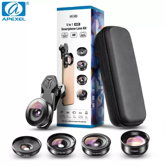 APEXEL 5in1 lens kit 4K HD 2XTelescope 195°Fisheye Lens 10x Macro Lens for Phone