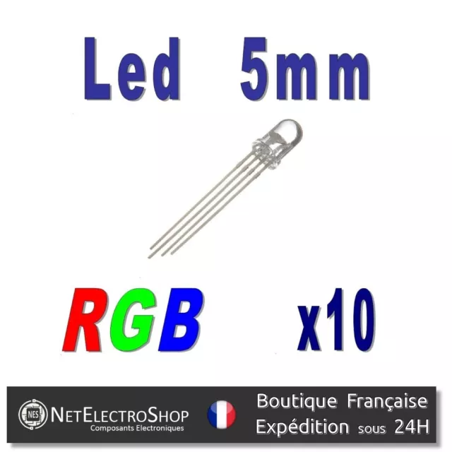 10x LED RGB 5mm Rouge, Vert, Bleu Cathode commune