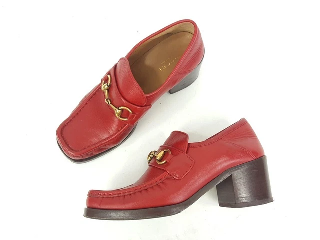 Gucci Red Leather Horsebit Block Heel Square Toe Loafers Shoes Size 37 Gucci Red Leather Horsebit Block Heel Square Toe Loafers Shoes Size 37
