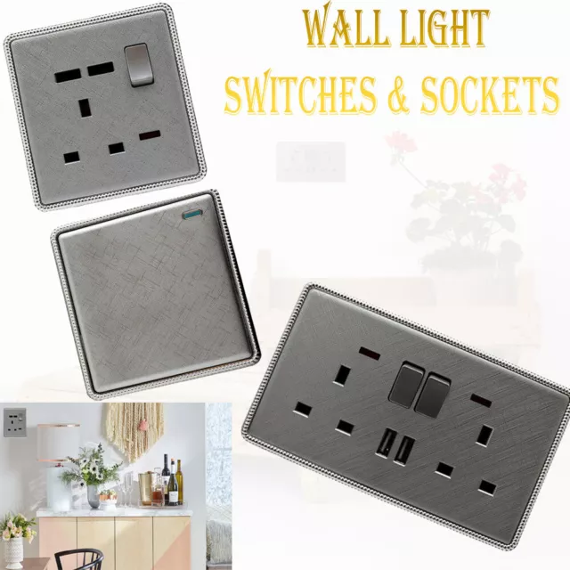1/2/3 Gang Wall Light Switches & Sockets Textured Chrome Range Screw Less UK