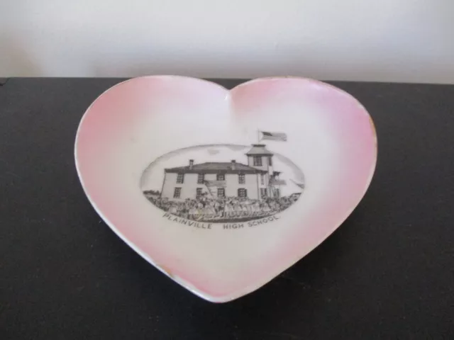 Circa 1910 Souvenir Porcelain Heart Shaped Dish High School Plainville Kansas