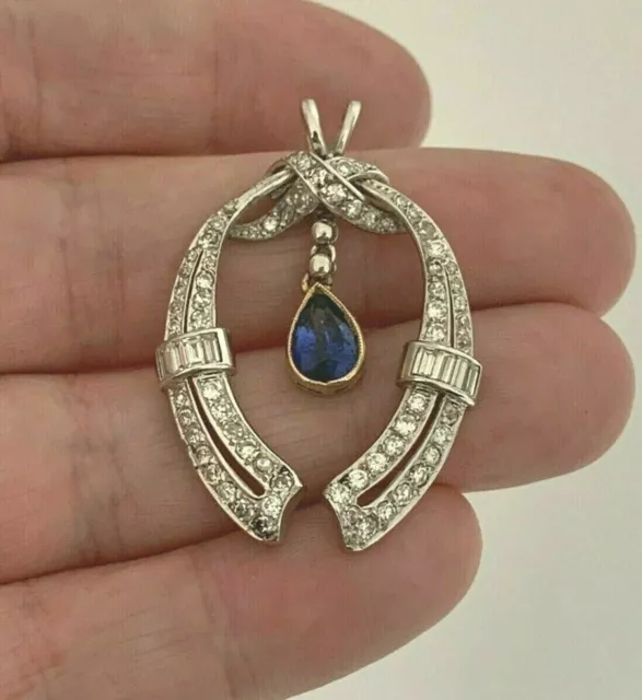 Vintage Pear Sapphire & Lab Created Diamond Edwardian Wedding 925 Silver Pendant