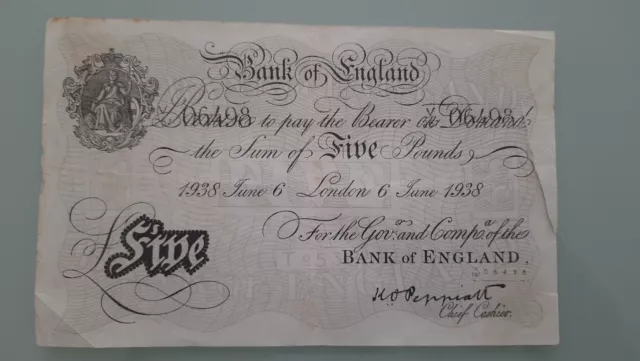 Old Banknotes England Five 5 Pounds 1937 - Cut at Right - Operation Bernhard?
