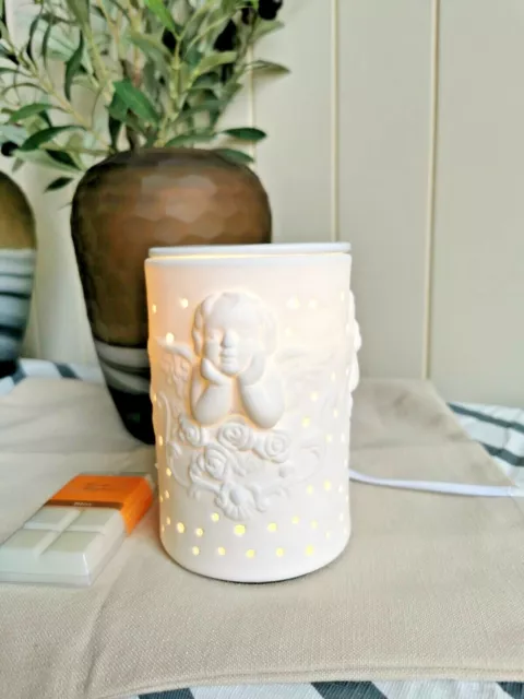 White Ceramic Cherub Electric Oil Burner Lamp  FREE wax & globe