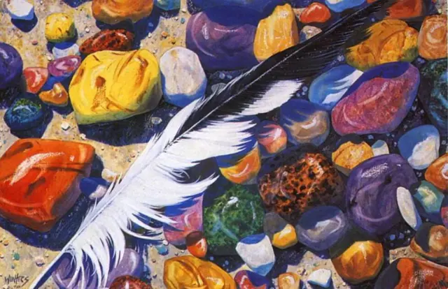 Home Decor oil painting The Gift-Colorful pebbles and feathers handmade on canva