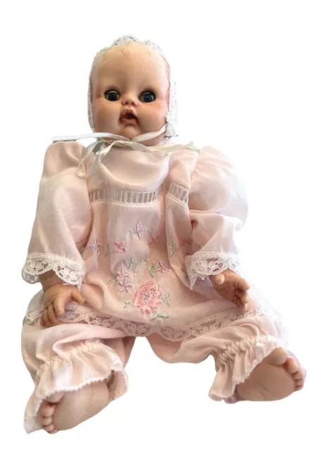 Vtg Porcelain Baby Doll Cloth Body Pink Bonnet Dress Bloomers Eyes Open Close