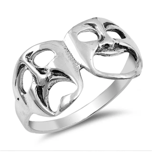 Tragedy Mask Drama Theatre Smile Sad Ring .925 Sterling Silver Band Sizes 5-12