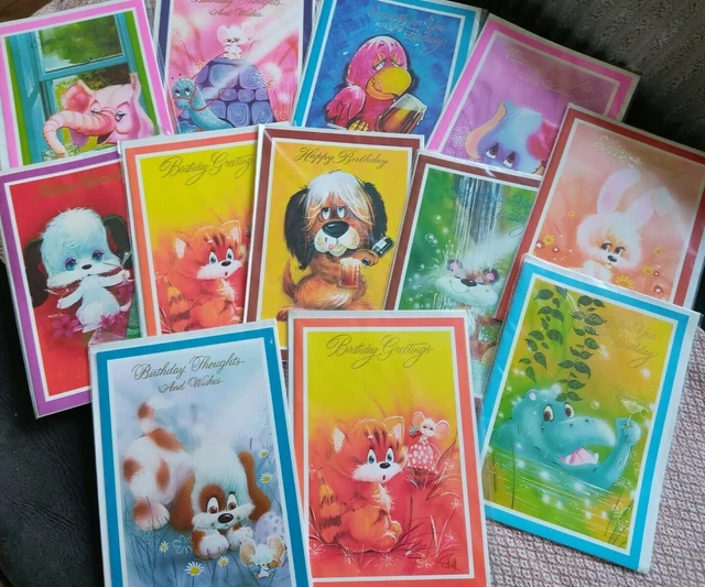 6 Vintage Greetings Cards Cute Kitsch Assorted New Old Stock Retro 1960s 70s