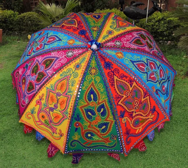 Garden Parasol Indian Peacock Embroidered Outdoor Sun Shade Patio Umbrella 72"