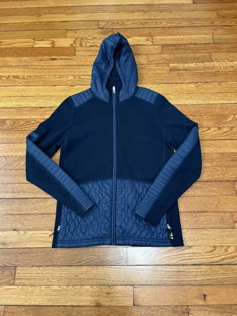 Smartwool Womens Quilted Knit Jacket Sz Large Navy Blue Hooded Merino Wool Blend