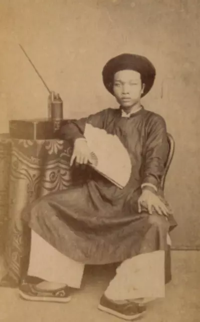 Antique CDV Photographs Asian Man Portrait Sitting on Chair with Fan