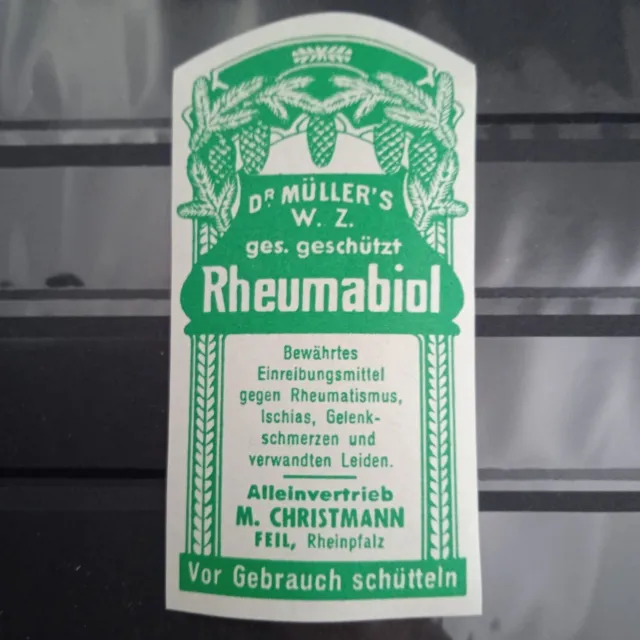 Rheumabiol Dr. Müller ges. gesch. M. Christmann Feil Rheinpfalz Altes Etikett