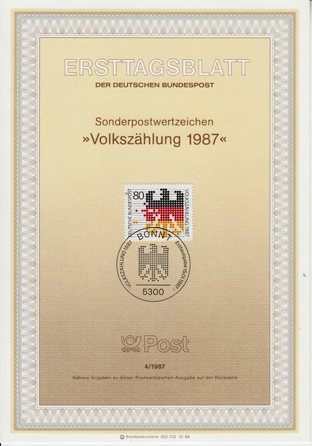 Deutschland Volkszählung ETB Mi 1309, Bonn 15.01.87