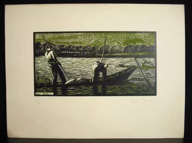 Les courlis bois gravé original signé Henri François num 91 / 100 c1950 pêcheurs