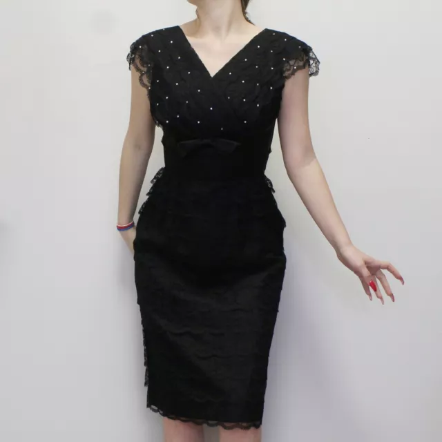 Vintage 50s Lace Wiggle Dress Pin-up Dress Satin Bow Rhinestones Glam