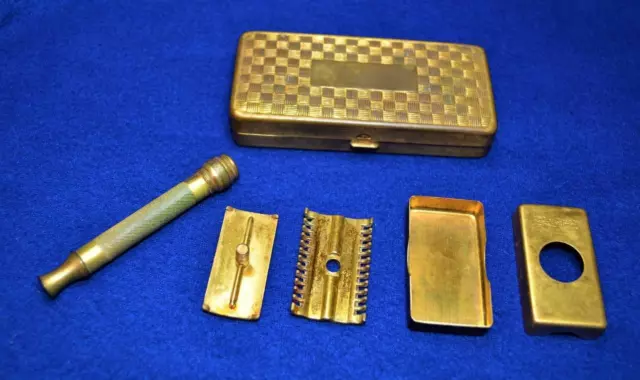 VTG 1930s? GILLETTE Gold ball end 3pc Safety Razor w 1920S box, blades case RARE 2