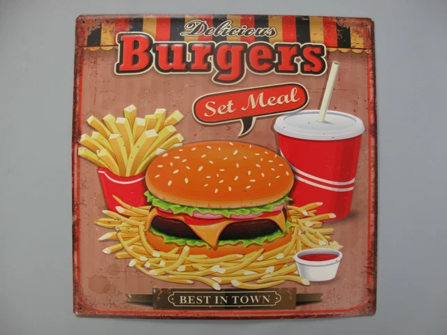 9977700 Murale Targa di Latta Vintage Burgers " Migliori IN Città 38x38cm