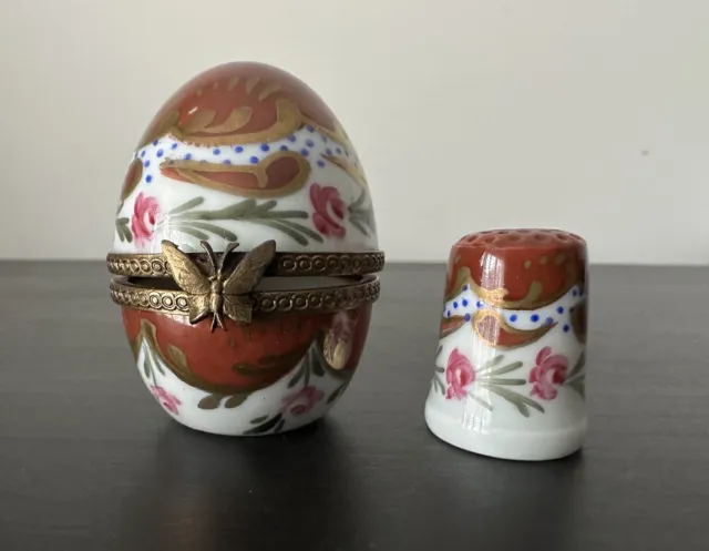 Vintage Limoges Trinket Box Egg Matching Thimble Butterfly Hinged Painted Rare