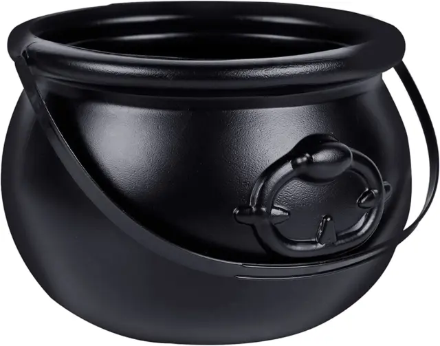 Zcaukya Halloween Large Cauldron, 7.4" Black Plastic Witch Pot with Handle, Vint