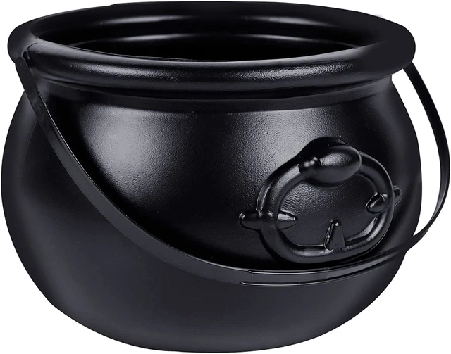 Zcaukya Halloween Large Cauldron, 7.4" Black Plastic Witch Pot with Handle, Vint