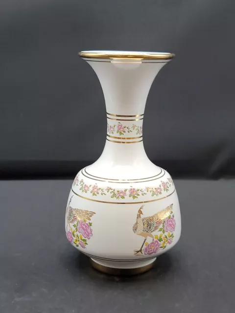 White Ceramic Pheasant Bud Vase 24K Gold Trim Pink Floral Neofitou Greece