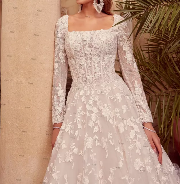 Cuello Cuadrado Vestido de Boda Línea A Mangas Largas Encaje Apliques Vestido de Novia Tren 3