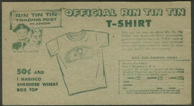 Nabisco card Official Rin Tin Tin T-Shirt offer 1956