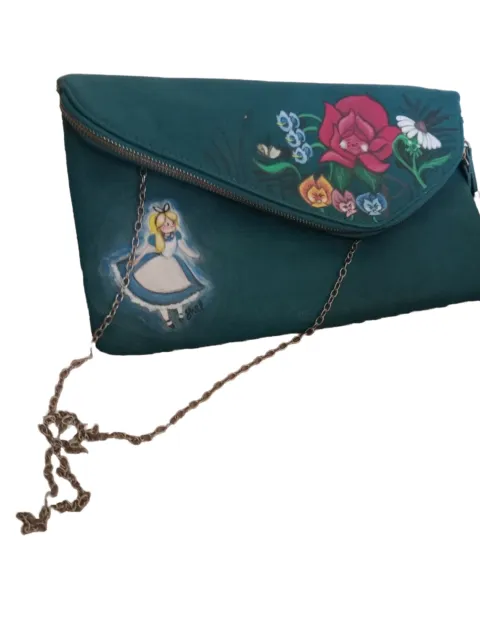 Hand-painted  Alice and Wonderland Teal Leather Clutch Crossbody Bag