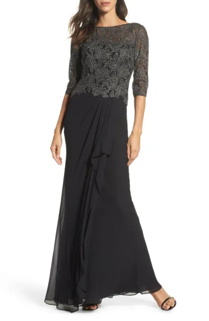 La Femme L30309 Black Metallic Embroidered A-Line Gown Size 18