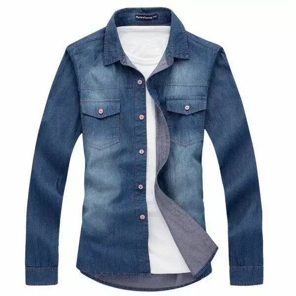 Mens Denim Shirts Long Sleeves Luxury Casual Slim Vintage Jeans Washed Shirts