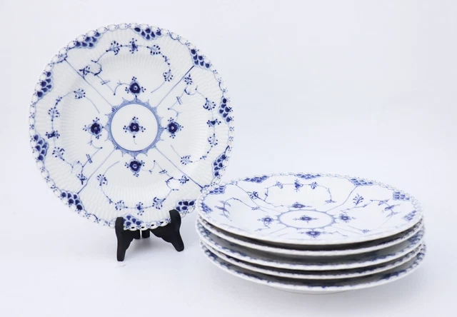 6 platos de cena #1084 - acanalados azules - Royal Copenhagen - encaje completo - primera calidad