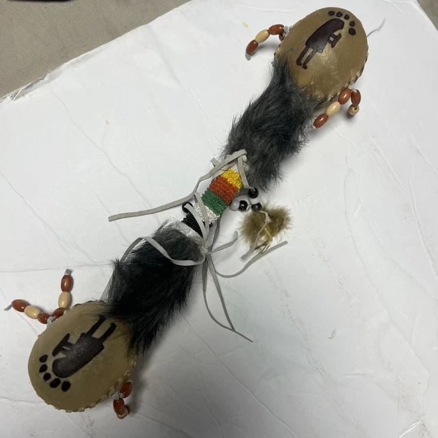 Native American Indian Ceremonial Double Rattle, Rawhide, Wooden Beads, Fur