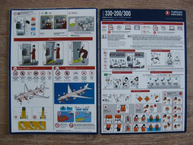 2 Stück Safety Card Türkish Airlines Airbus A 330-200/300 Safety Instructions