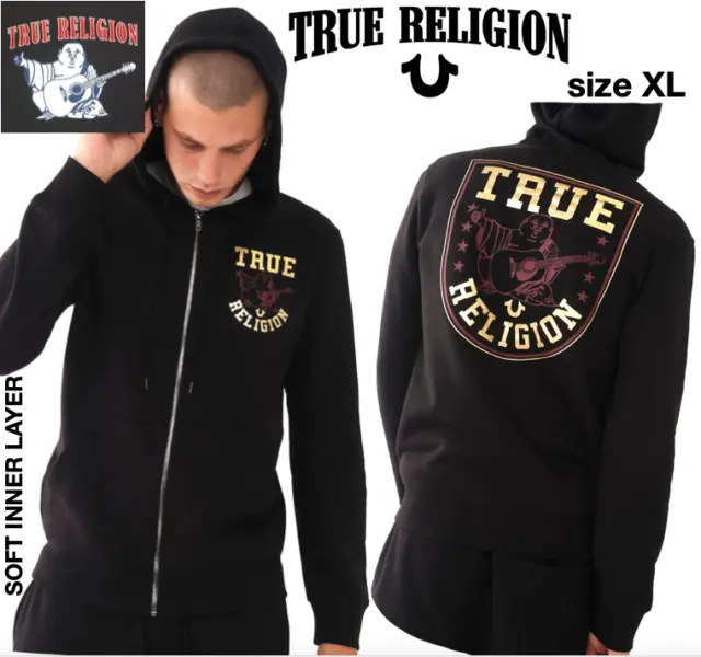 True Religion Men's Hoodie Track Jacket Xl Black Gold Red Buddha