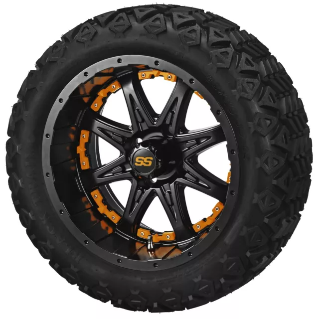 4 Golf Cart 23x10-15 Tires on Matte Black Revenge Wheels With Orange Inserts