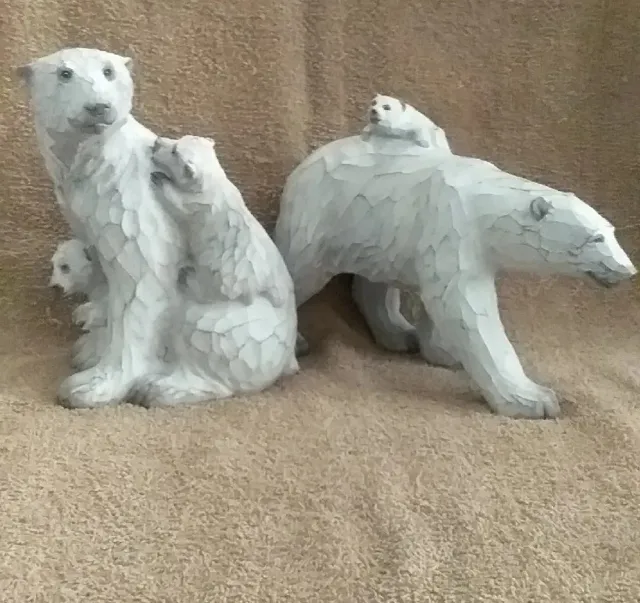 Polar Bear Figurines With Cubs Lot Of 2 Faux Wood Look