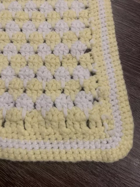 Vintage Baby Afghan Blanket Throw White Yellow Handmade Crocheted Granny Infant