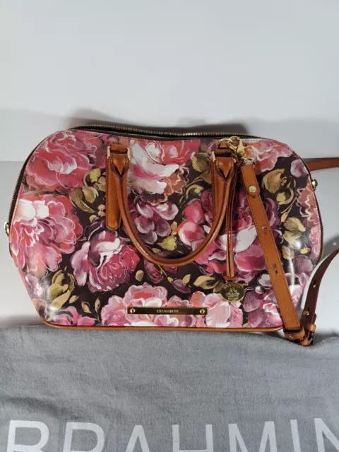 BRAHMIN Vivian Satchel Bag Pink Tones Floral Leather Hemingway Footed Purse 2