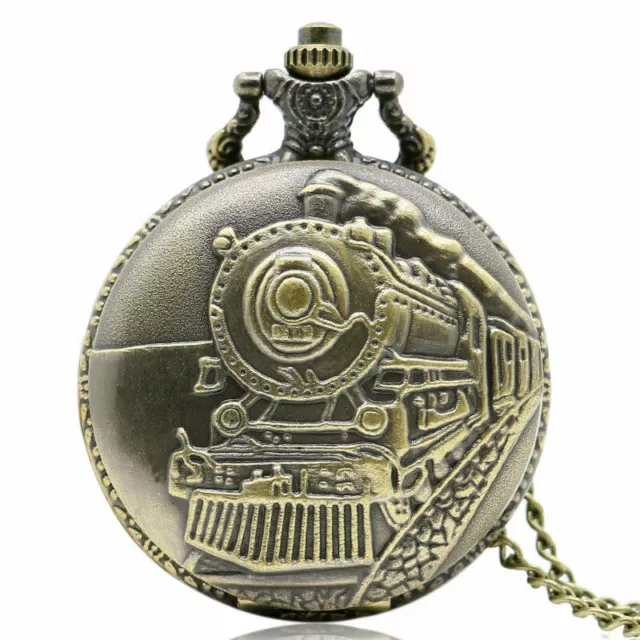 Retro Bronze Steam Train Unisex Analog Quartz Small Pocket Watch Neckalce Chain