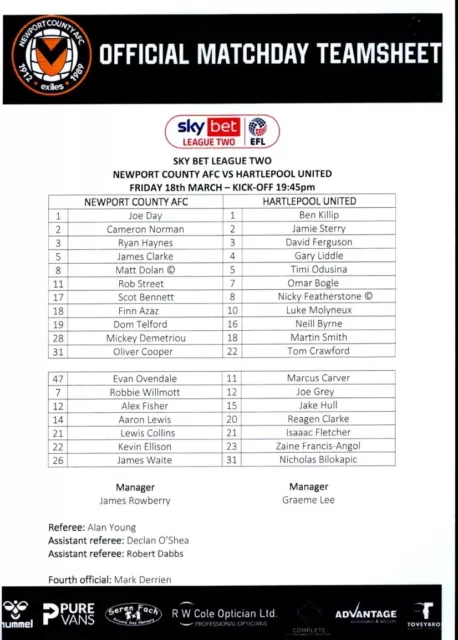 TEAM SHEET  - Newport County v Hartlepool United 18.3.2023