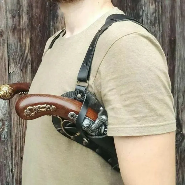 Pirate Leather Double Flintlock Holster Shoulder Belt Universal Cosplay Holder