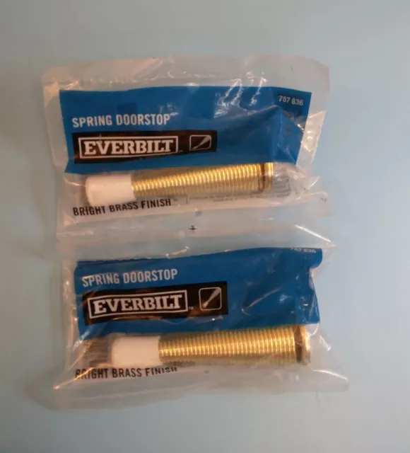 LOT OF 2 - Everbilt Bright Brass Spring Door Stop Hardware with White Rubber Tip