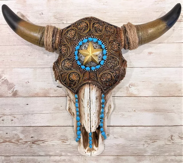 Bull Bison Skull Tooled Leather Southwest Western Wall Art Hanging Decoration