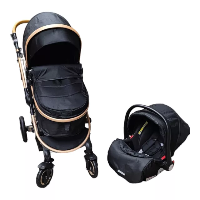 Luxus 3in1 Kombi-Kinderwagen Komplettset in Schwarz & Roségold, Buggy & Autositz 3