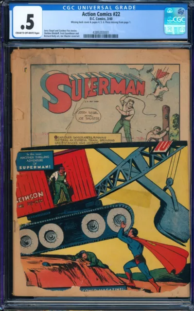 Action Comics #22, 1940, CGC 0.5 .5, missing back cover, pages