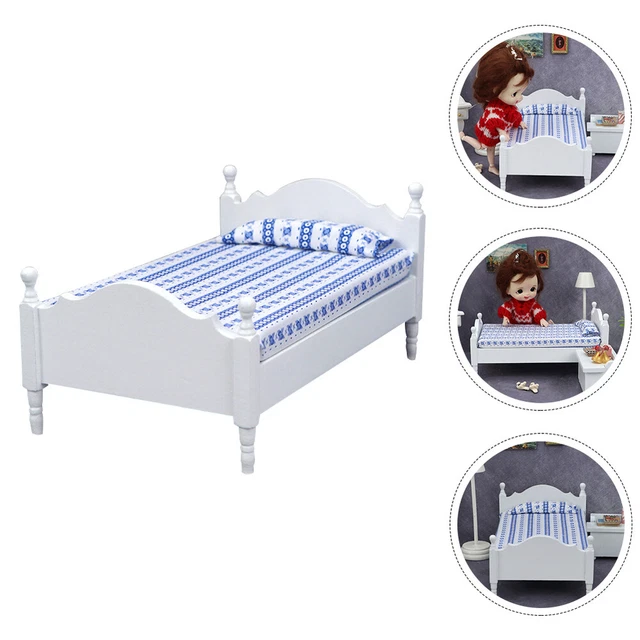Mini cama individual blanca decoración de estatuas muebles en miniatura cuna