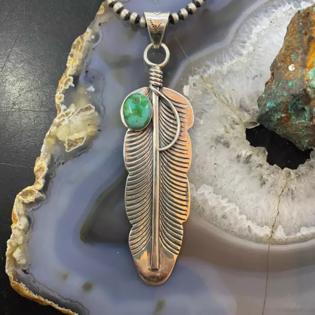 Native American Sterling Oval Sonoran Gold Turquoise Feather Unisex Pendant