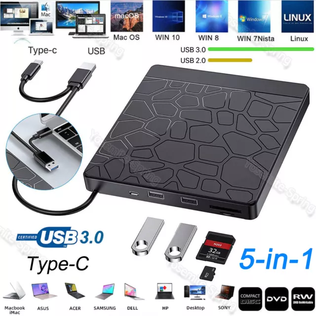 USB3.0 External DVD CD RW Disc Burner Combo Drive Reader Windows Mac Laptop PC